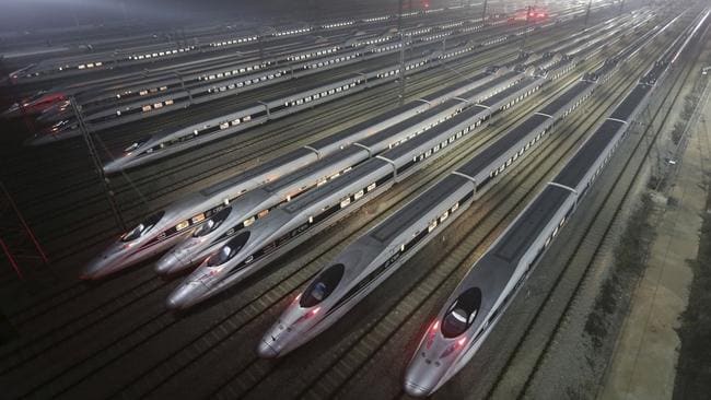 CRH380 harmony bullet trains at high-speed train maintenance base in Wuhan, China.
