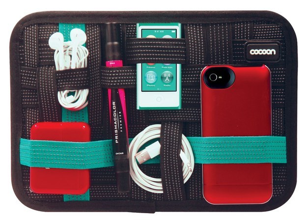 Use this tablet pouch that has elastic bands on the outside to hold all of your gadgets in one place.