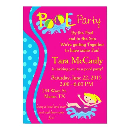 Pool Party Girl Invite 5" X 7" Invitation Card