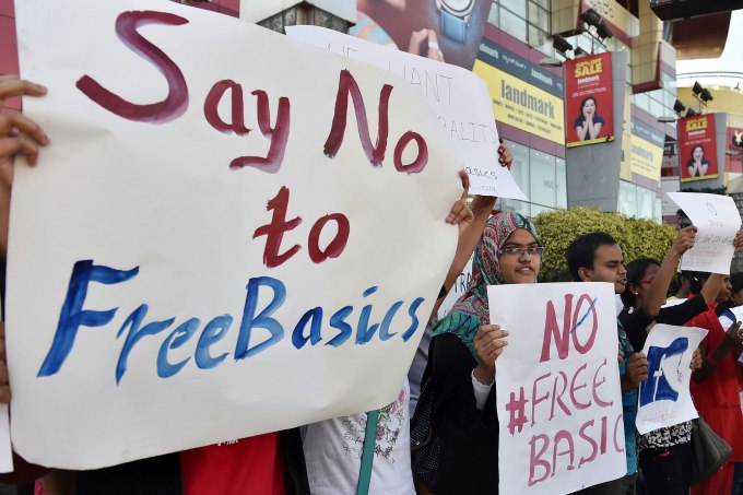 Indian demonstrators of Free Software Movement Karnataka hold placards during a protest against Facebook's Free Basics initiative, in Bangalore on January 2, 2016. The group's demonstration was aimed at urging members of the public to say "no to free basics" which they allege will affect net neutrality and give Facebook monopoly over the internet. (Photo: MANJUNATH KIRAN/AFP/Getty Images)