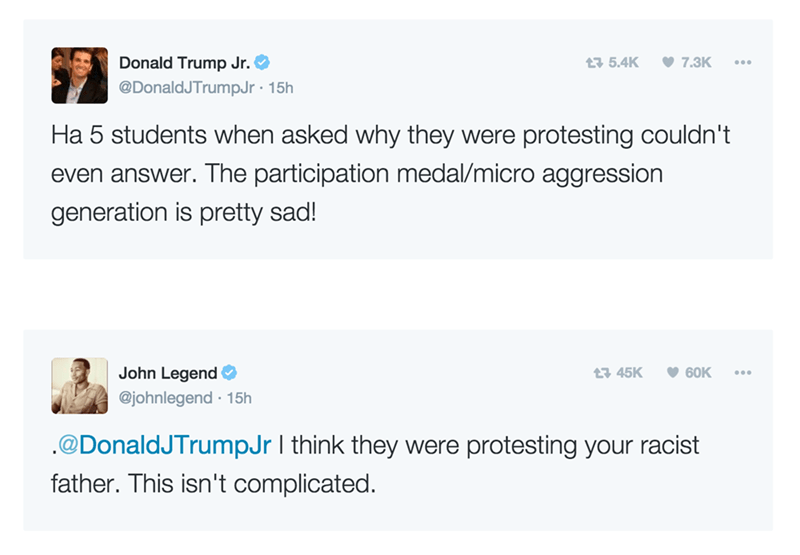 john legend donald trump twitter John Legend Explained to Donald Trump's Son Why People Were Protesting His Dad's Rally