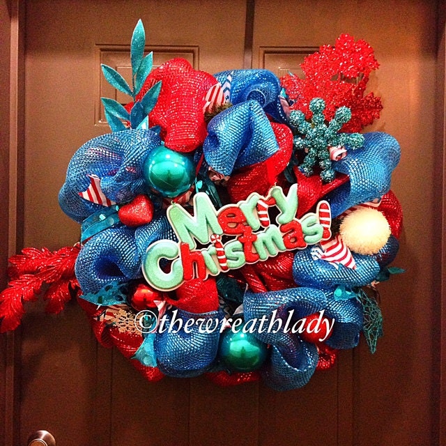 SALE Turquoise, Red and White Decomesh Christmas Wreath