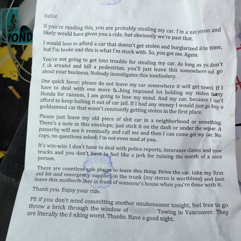 funny fail image crappy car gets stolen a lot so owner writes thieves a note