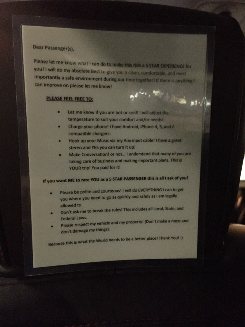 uber driver posts sign to get 5 star rating and how to get one as a passenger