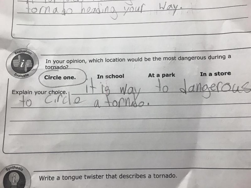 funny fail image kid's multiple choice answer on tornado safety