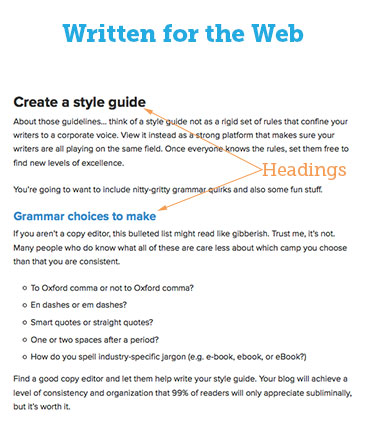 Screenshot of a page using proper headings