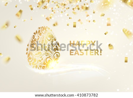 Happy easter card over gray background with golden sparks. Vector illustration.