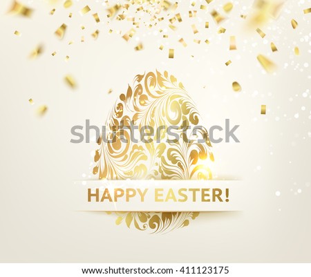 Easter egg with curves of ribbon confetti. Golden confetti egg on the background. Happy Easter egg. Holiday card. Template for your design. Vector illustration.