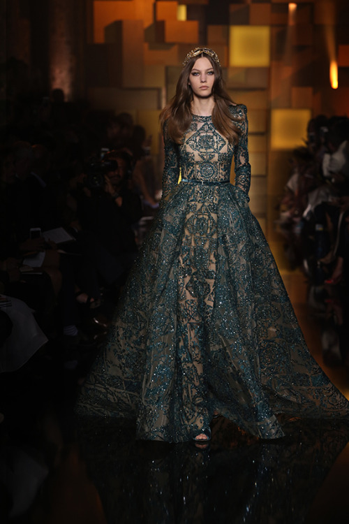 Deep green mosaic embroidered gown at yesterday’s ELIE...