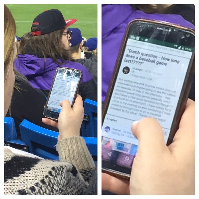 funny fail image girl googles how long baseball games are at baseball game