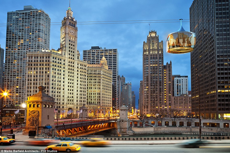 Plans for the Chicago SkyLine were revealed this week, showing glass pods carrying 3,000 tourists an hour both ways over the Chicago River
