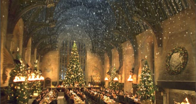 harry potter, great hall, hogwarts, christmas