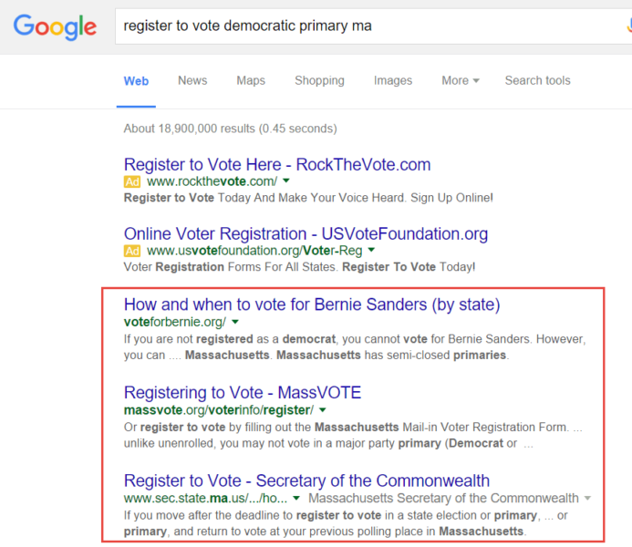 Screenshot of the search result for register to vote democratic primary ma