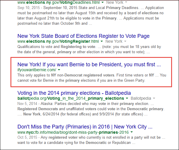 Screenshot of the search result for register to vote democratic primary New York