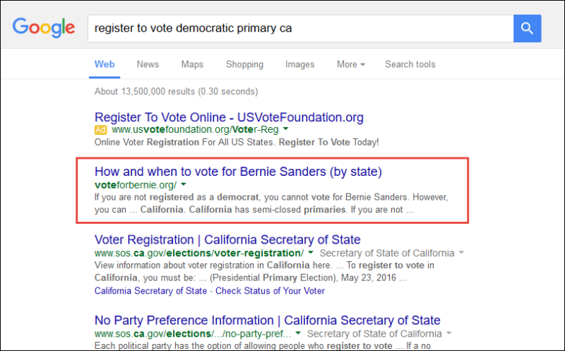 Screenshot of the search result for "register to vote democratic primary ca"