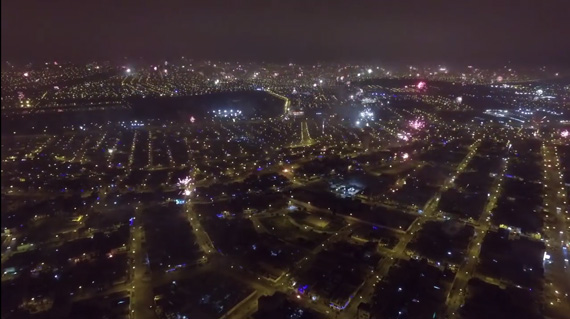 drone shot new year fireworks