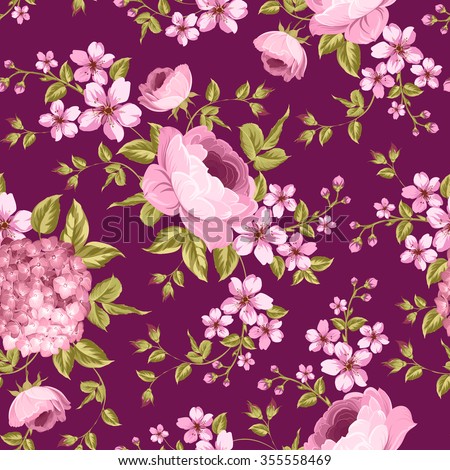 Luxurious peony wallapaper in vintage style. Floral seamless pattern with blossom buds over dark background. Vector illu...