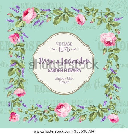 Vintage flower frame over white background. Rose and Lavender. Vector illustration. - stock vector