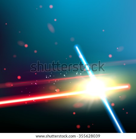 Two laser rays are crossed over dark space background. Deep space of univerce with stars and laser glow. Vector illustra...