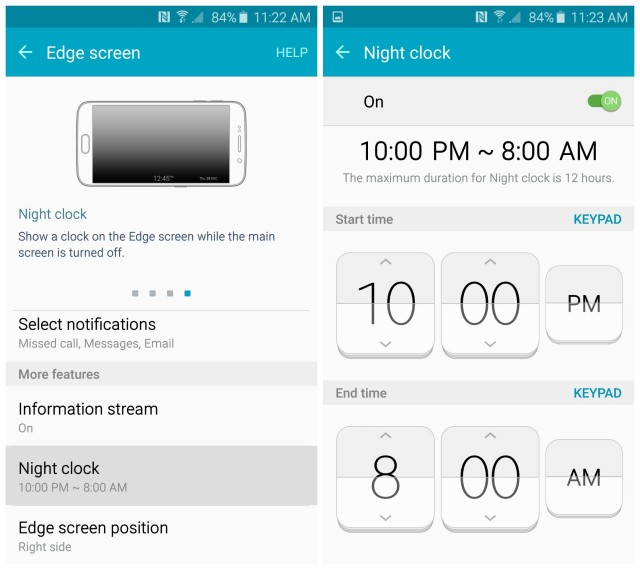 Samsung Galaxy S6 Edge screen night clock