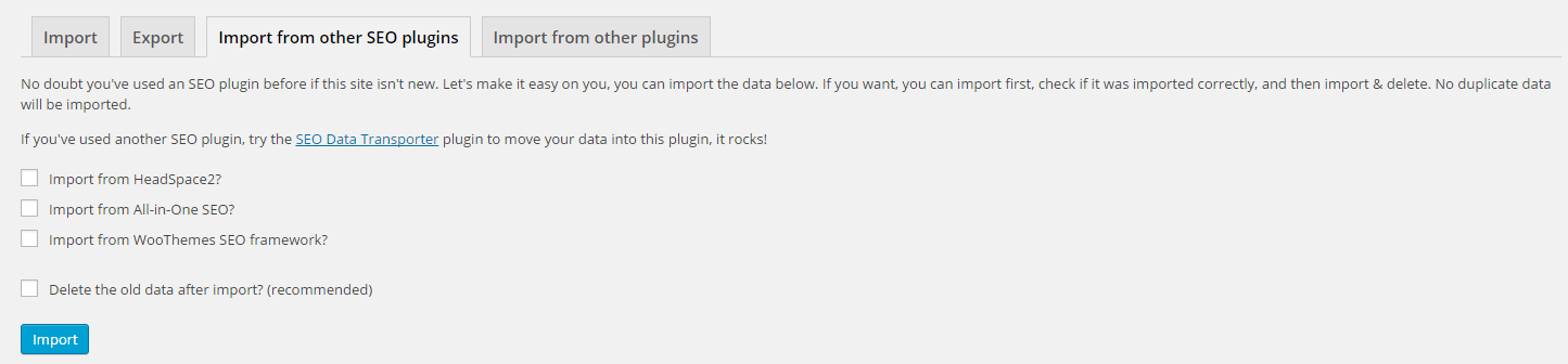 Importing settings from other SEO plugins