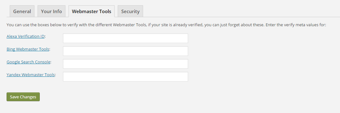 Where you can verify your site's webmaster tools in Yoast settings