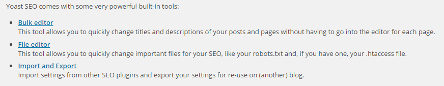 The built-in tools for Yoast SEO: Bulk Editor, File Editor, and Import and Export.