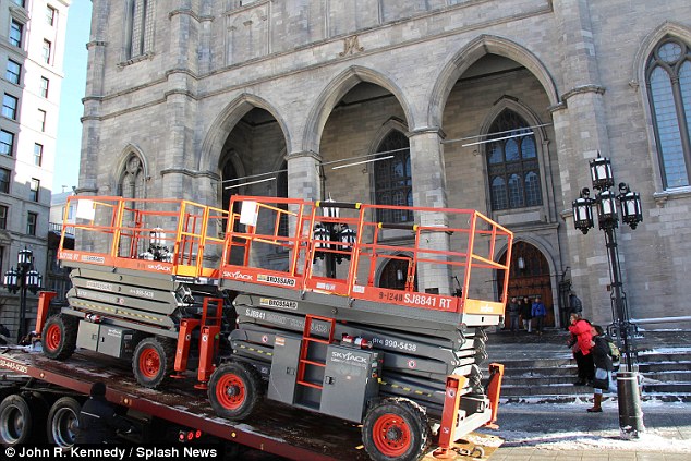 Preparations: Equipment was brought up to the steps of the church on Wednesday