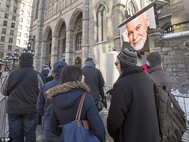 She may be there too: People were seen lining up outside the church, where he wed singer Celine Dion in 1994. It is believe the 47-year-old performer will show up to for 30 minutes to receive condolences, according to The Montreal Gazette 
