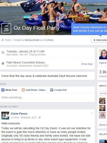 A screengrab of the ‘Oz Day Float Party’ Facebook page, which has now been removed. Picture: Facebook