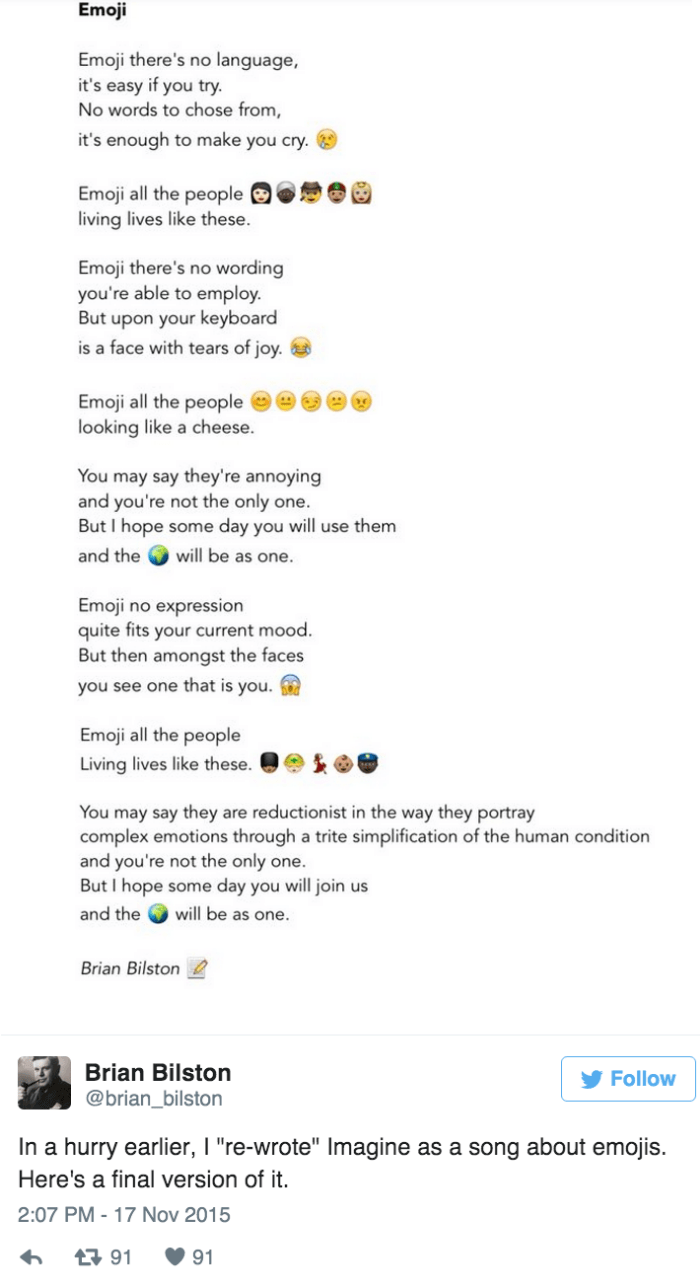 british poet reimagines John Lennon's Imagine with emoji in tweet
