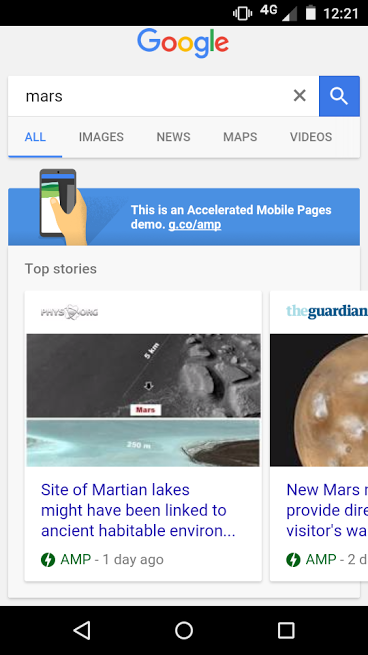 A screenshot of the Accelerated Mobile Pages search demo, showing results for the search term "mars". Top news stories are highlighted in a carousel at the top, with a little green lightning bolt symbol and the letters "AMP" denoting that they are AMP sites.