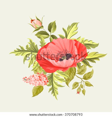 The poppy elegant card. The bouquet of poppy flowers. Small floral garland. Vector illustration.