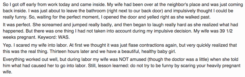 funny fail story man scares his wife into labor