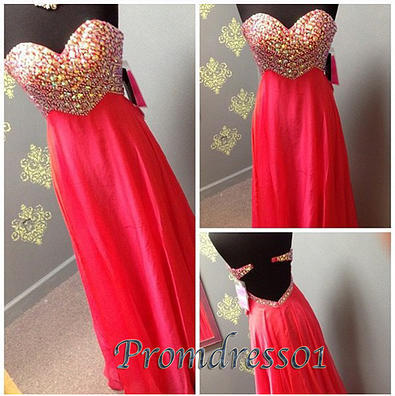 qpromdress: Beaded red chiffon backless prom dress