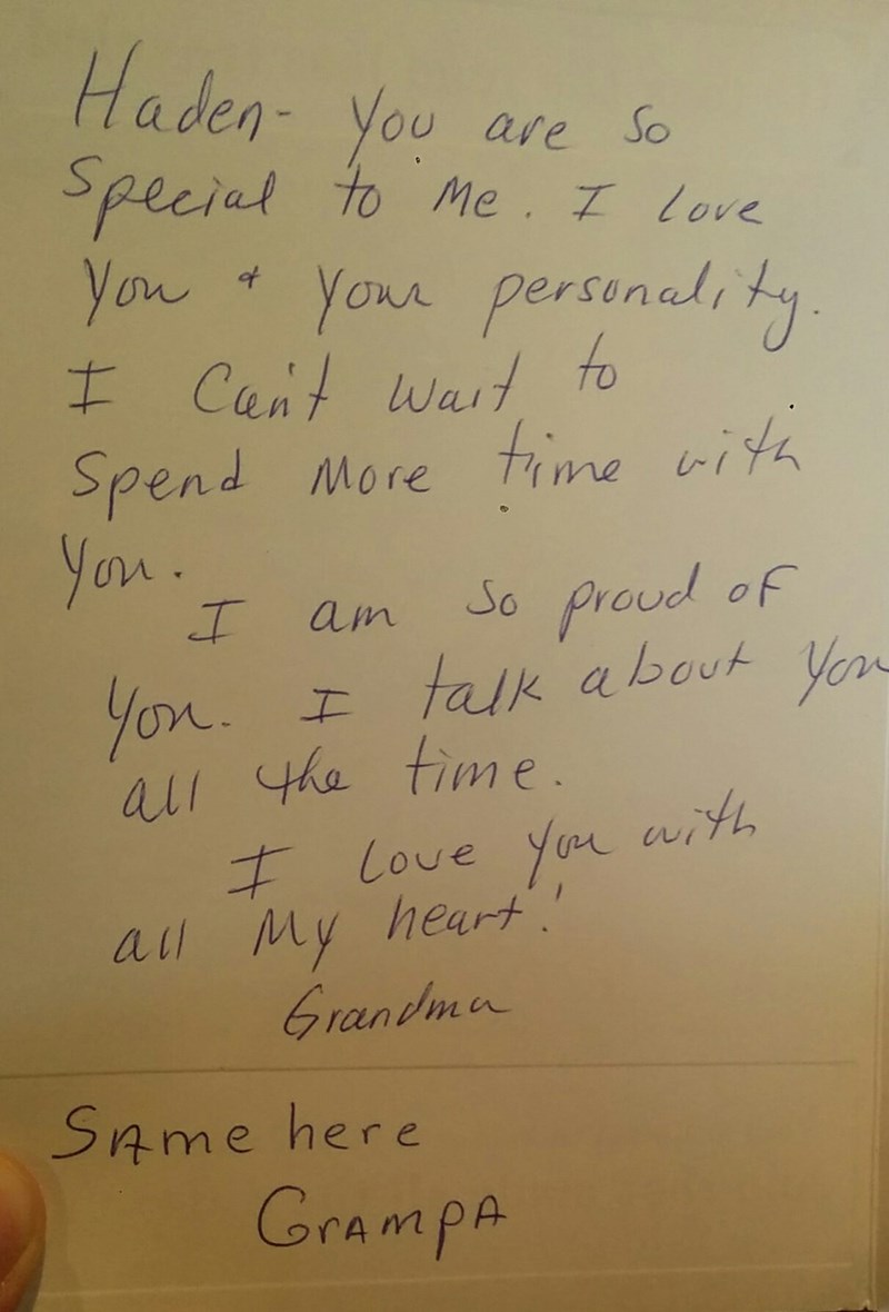 funny parenting image grandma writes genuine card grandpa signs same here