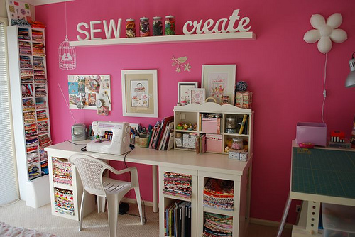 sewing room ideas with pink wall colors