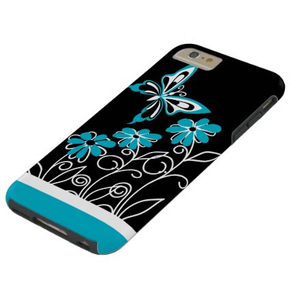 Striking Aqua Blue Butterfly and Flowers Tough iPhone 6 Plus Case