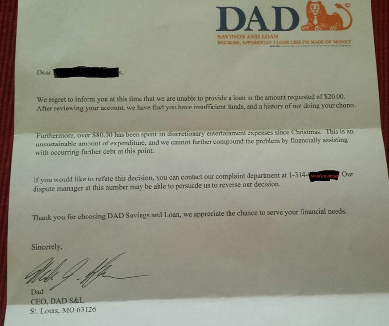funny parenting image dad responds to 6 year old's request for advance in allowance