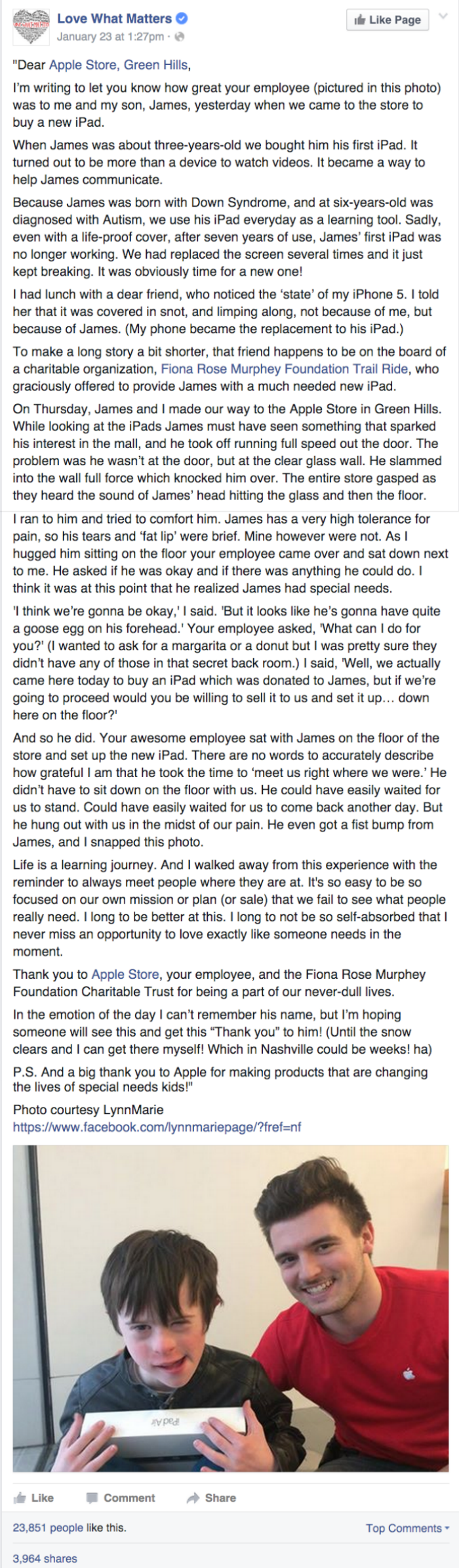 heartwarming parenting facebook post about patient and kind apple store employee