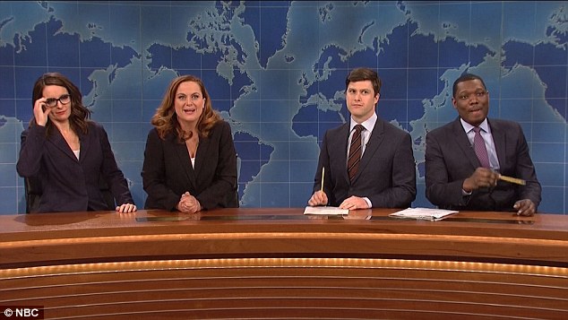 Desk job: Both ladies then briefly went back to their old jobs of Weekend Update anchors, joining Colin Jost and Michael Che to deliver the final two jokes of 2015