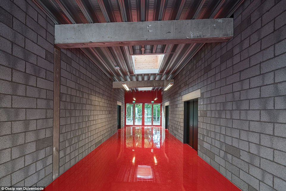  Inside, the red floor contrasts sharply with the naked concrete walls. The original proposal was to have a five-storey building, which covers about 33,000 square foot of space