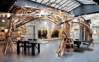 The shop itself is like an art installation in itself, with cascading planks of wood by Belgian artist/architect Arne Quinze