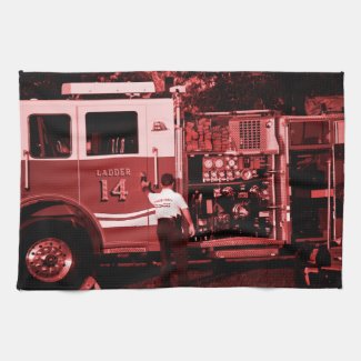 fireman entering truck burgundy colored towel