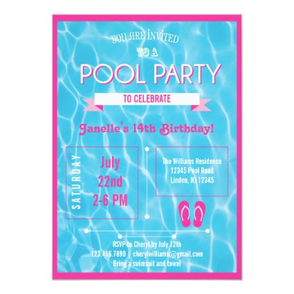 Pool Party Invitation Pink 5" X 7" Invitation Card