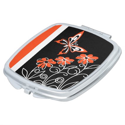 Striking Orange Butterfly and Flowers on Black Compact Mirror