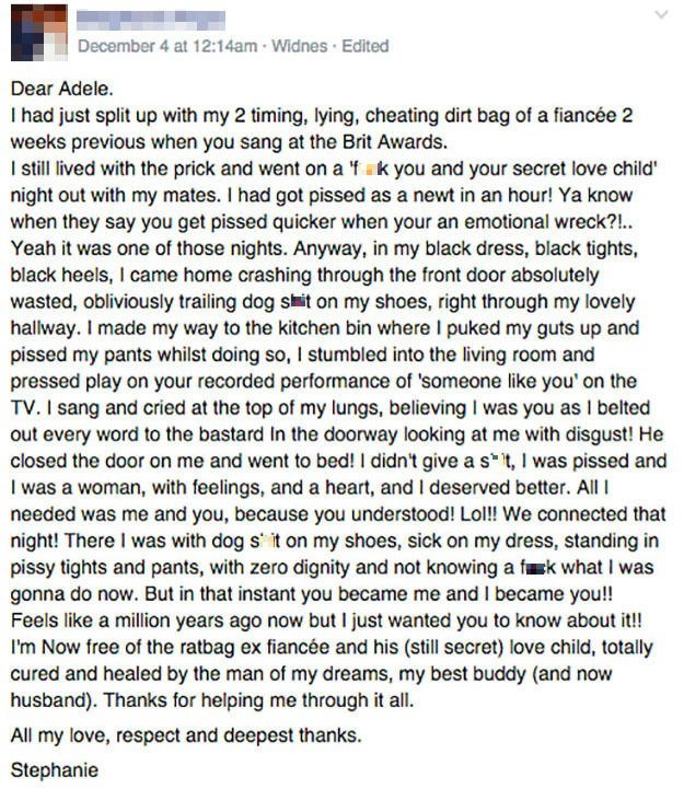funny facebook post woman writes embarrassingly honest breakup story on Adele's facebook page