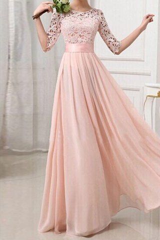 ¾ sleeve pink chiffon prom dress