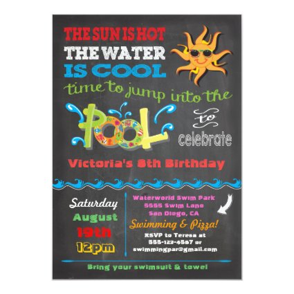 Chalkboard Birthday Pool Party Invitation 5" X 7" Invitation Card