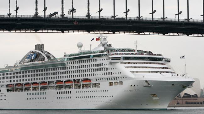 The man died after falling from the Sun Princess cruise ship, seen her beneath the Sydney Harbour Bridge, in November 2014. Picture: James Morgan.